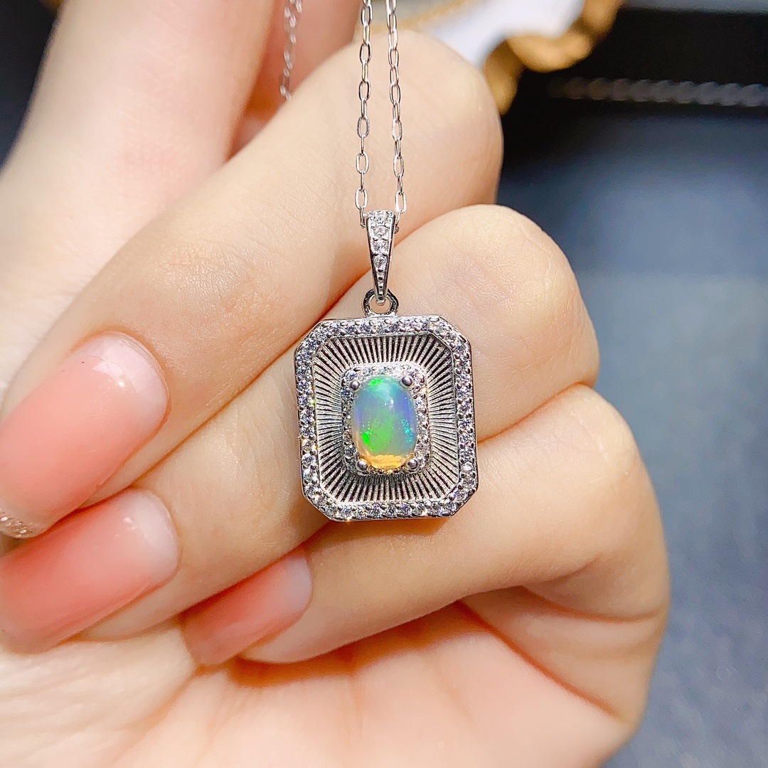 S925 Silver Inlaid Natural Opal Pendant