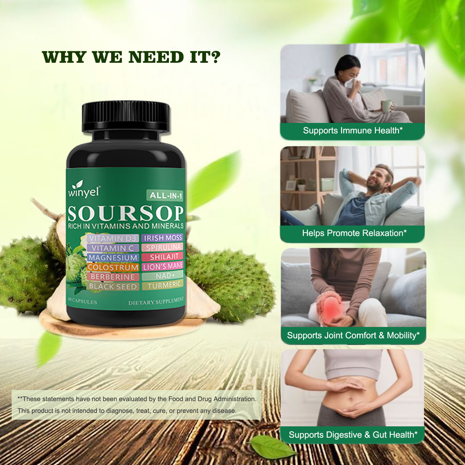 Soursop Supplement Containing 20 Herbal Extracts Including Seaweed, Lion's Mane Mushroom, Turmeric, Black Seed Oil, Oregano, And Mullein, Promoting Overall Health. Vegan, 60 Capsules.