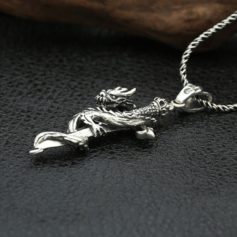 Sterling Silver Cross Holy Sword Dragon Pendant