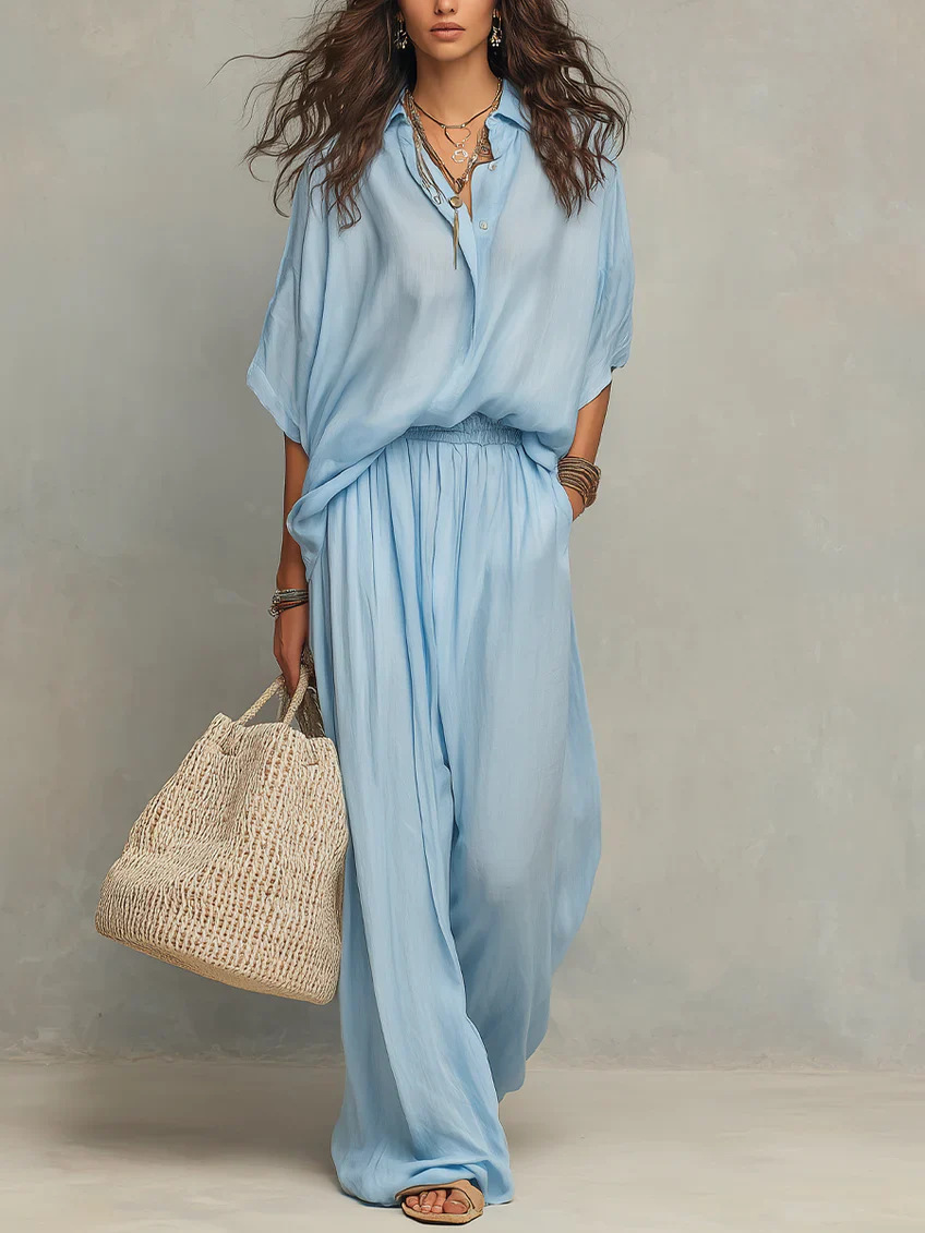 Linen Blend V-Neck Shirt & Elastic Waist Wide Leg Pants Two-Piece Set