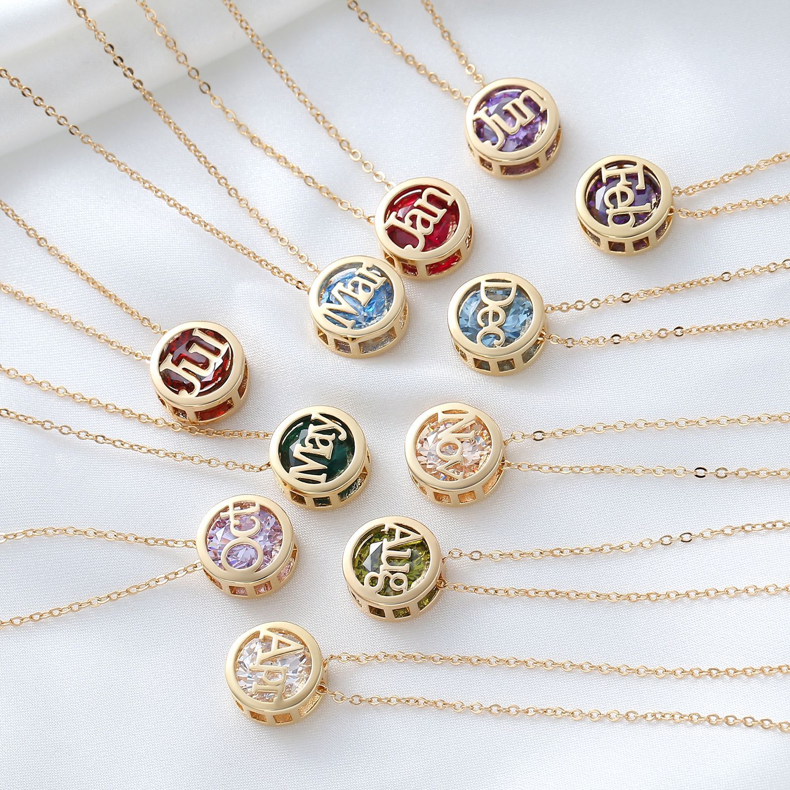 Gold Plated Copper Necklace, Double-sided Hollow Out Pendant With 12 Birthstones, Colorful Zircon Jewelry For 12 Months