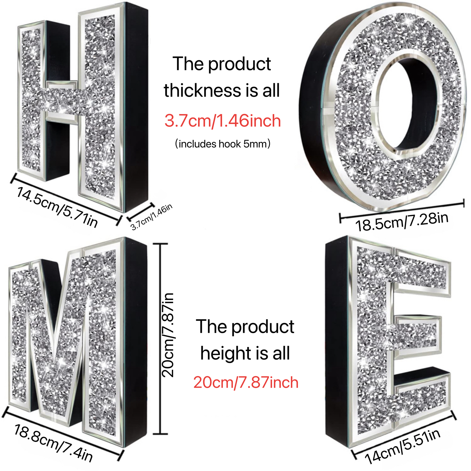 Crushed Diamond HOME Letter Wall Decor, Silver Sparkling Mirrored Alphabet Sign, Freestanding  Wall Mountable Glitter Home Ornament For Living Room Bedroom