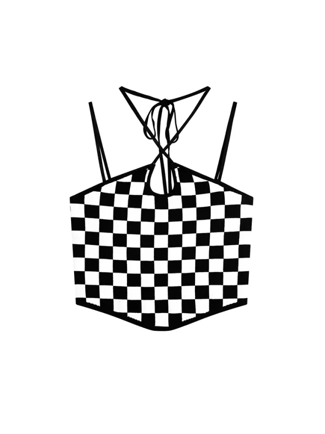 Lace up Knitted Top Design Sense Niche Vest Checkerboard S - Shop at LoveMi
