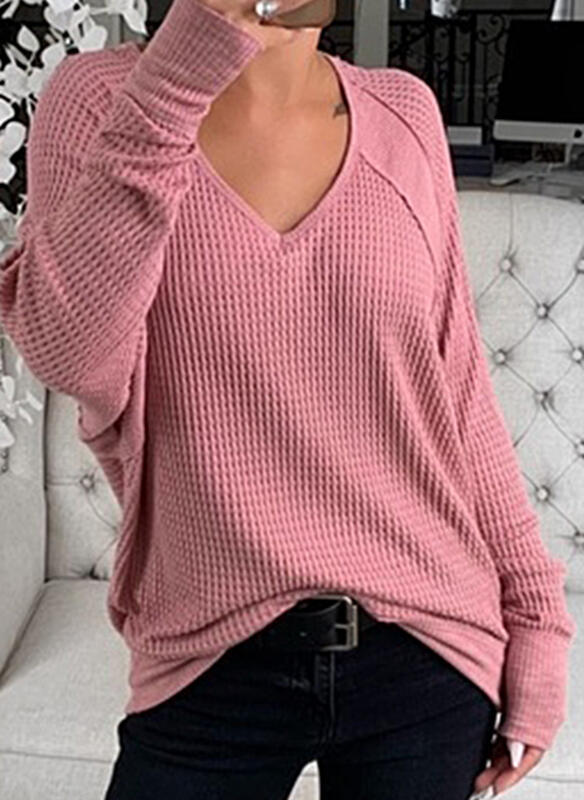 Long-sleeved Simple Casual Solid Color Plaid Loose Top