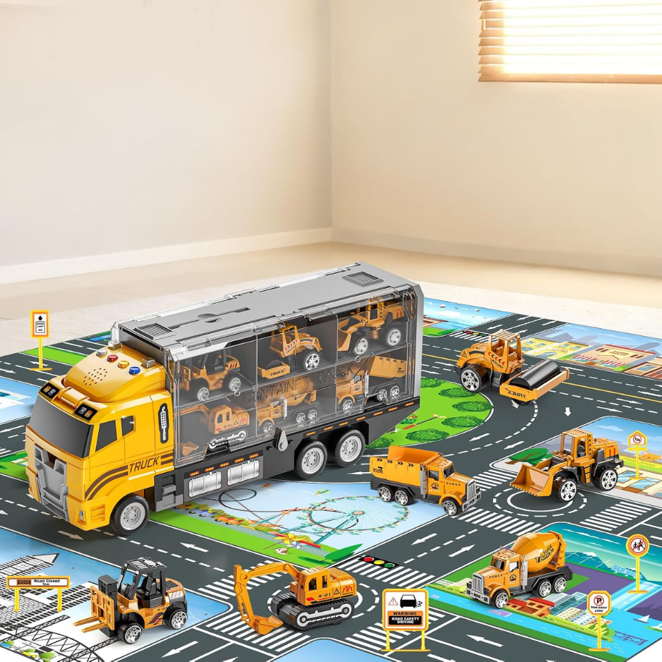 Kids Boys Construction Truck Vehicle Toy Set With Play Mat And Die Cast Toy Car, Transport Carrier Truck For Kids 5