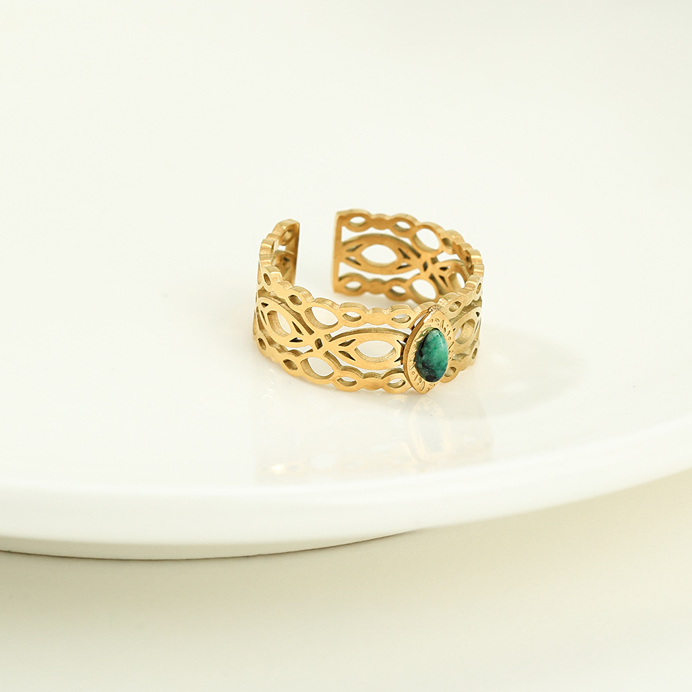 Retro Personality Inlaid Turquoise Hollow Stainless Steel Ring