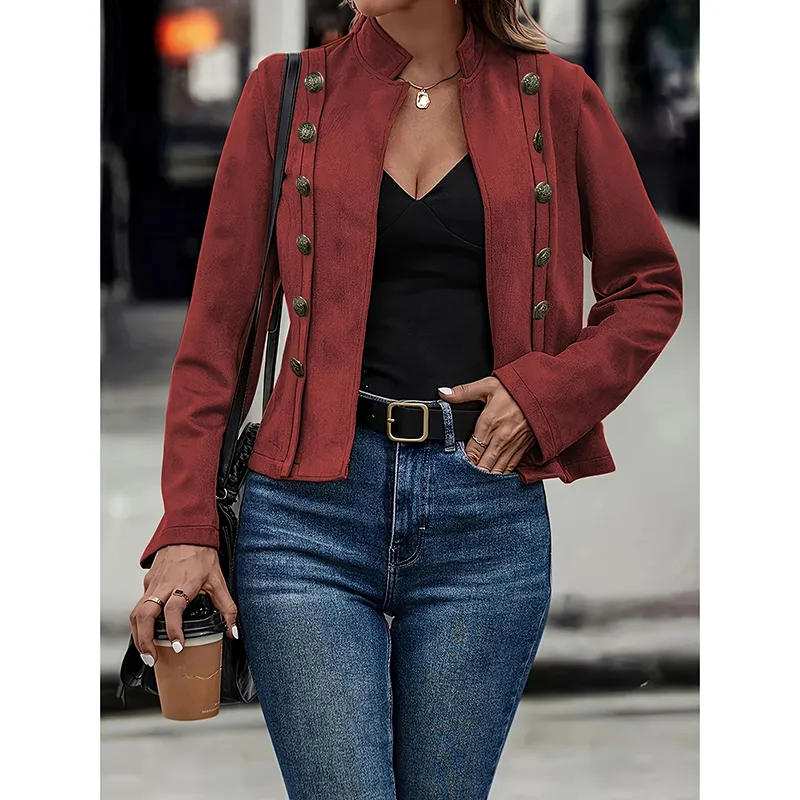 Women's Faux Suede Blazer - Long Sleeve Notch Lapel Open Front Jacket, Casual Business Office Blazer - Red