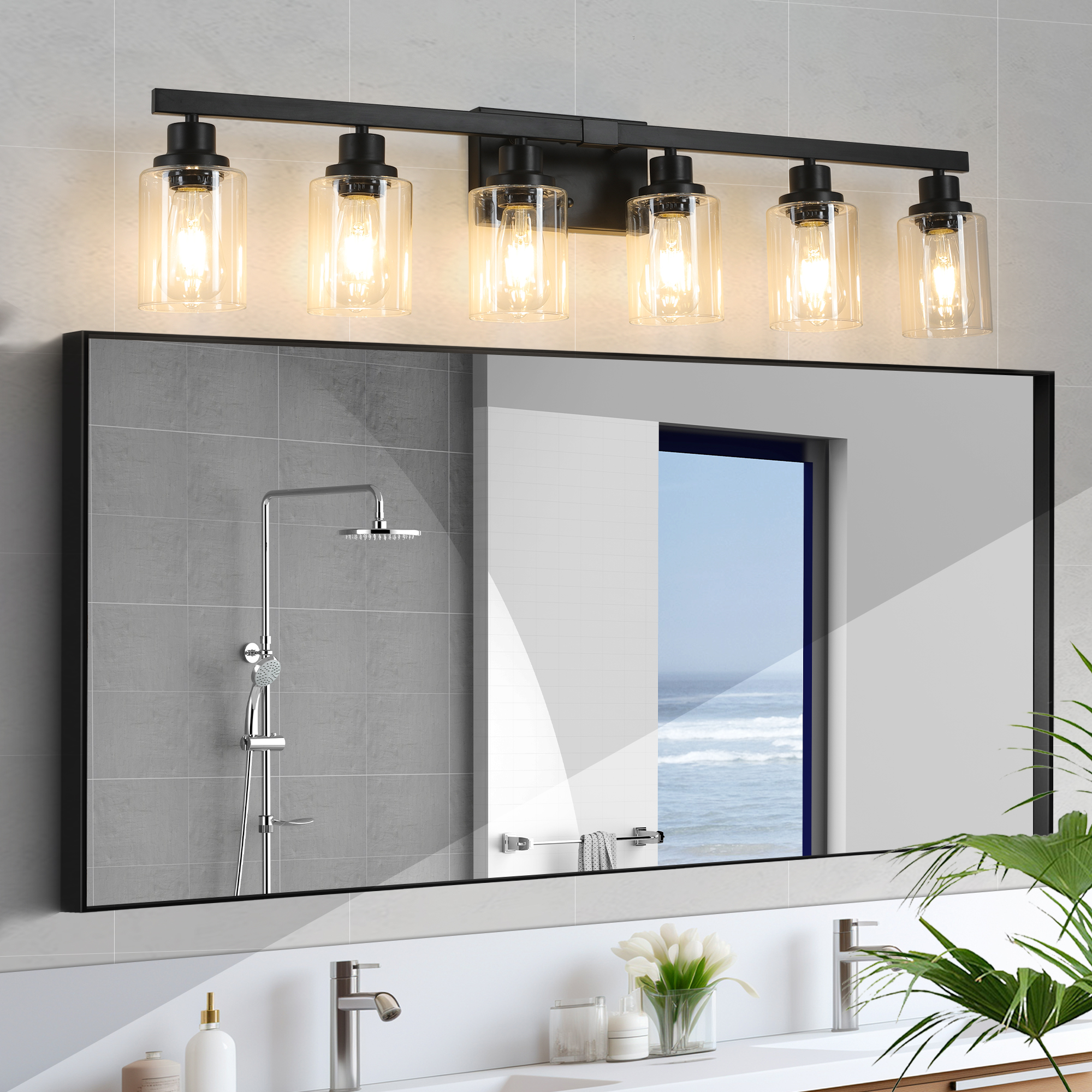 37  Modern 6-Light Bathroom Vanity Light Fixture - Black Finish With Clear Glass Shades, Perfect For Bathroom, Vanity, And Dressing Area Lighting  No Bulbs