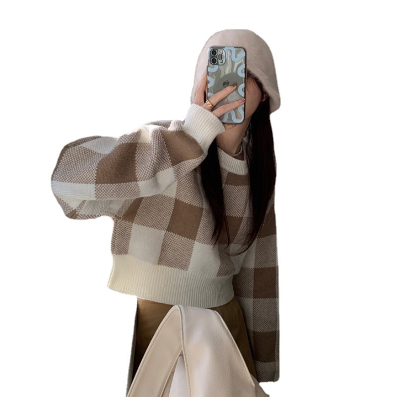 Women's Contrast Color Plaid Sweater Short Slim Khaki - Shop at LoveMi