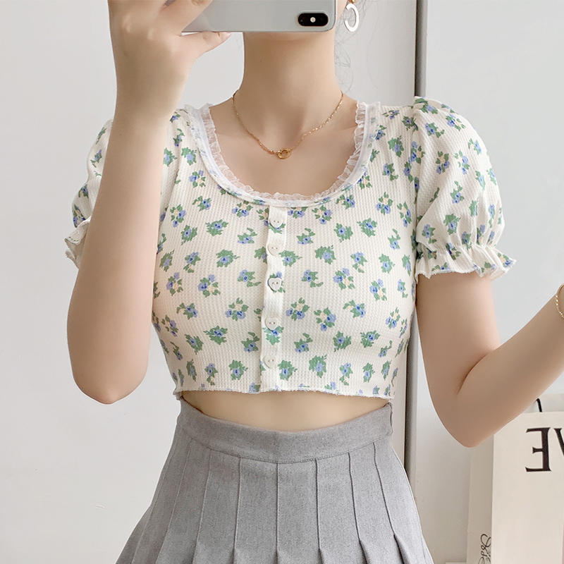 Title 4, Retro Short Floral Puff Sleeve T-shirt Women