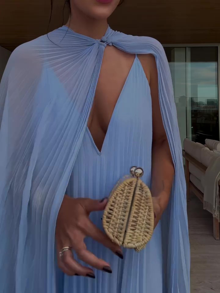 Light Blue Pleated Maxi Dress & Cape Two-piece Set