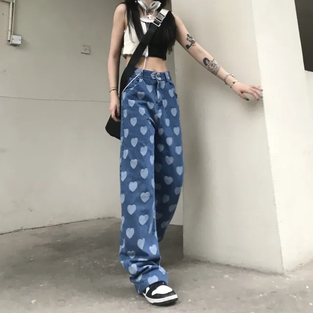 Loose Straight Leg Love Button Design Denim Mopping Pants Blue - Shop at LoveMi