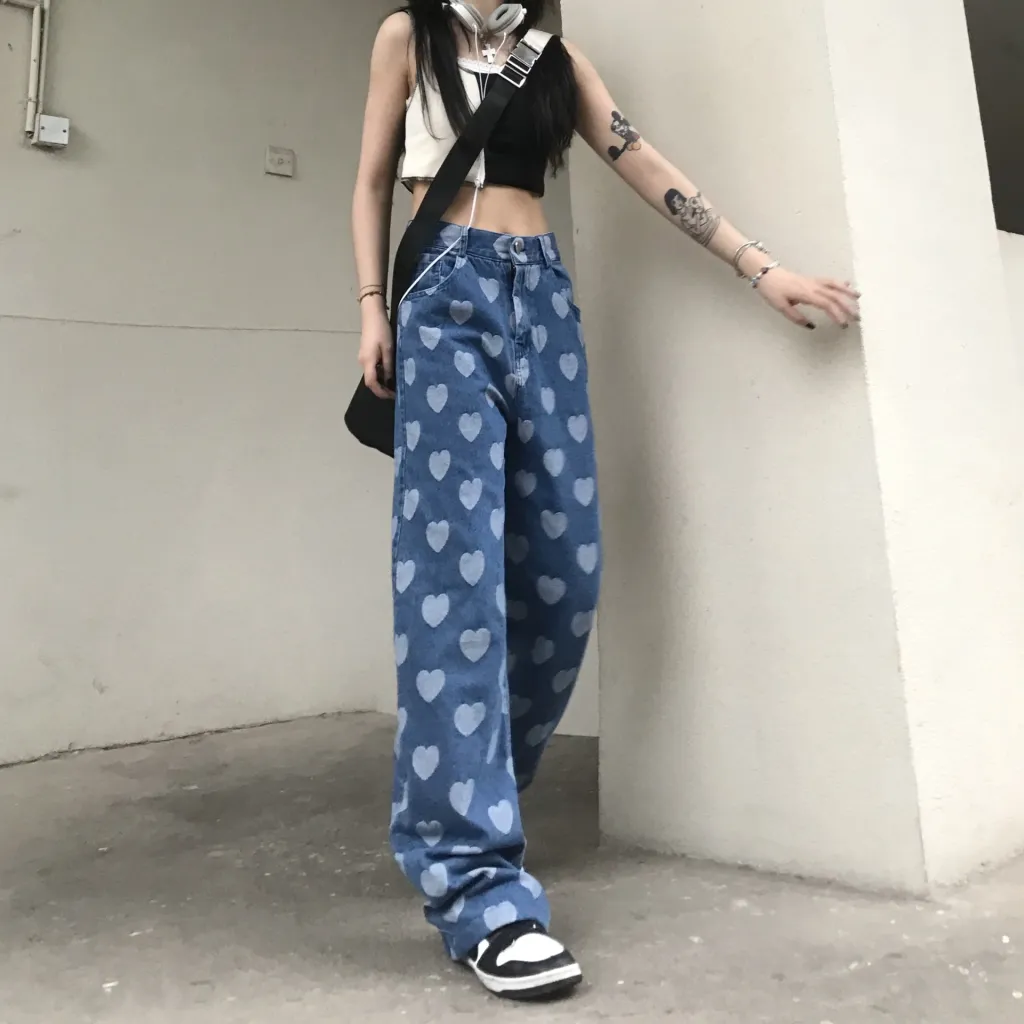 Loose Straight Leg Love Button Design Denim Mopping Pants - Blue