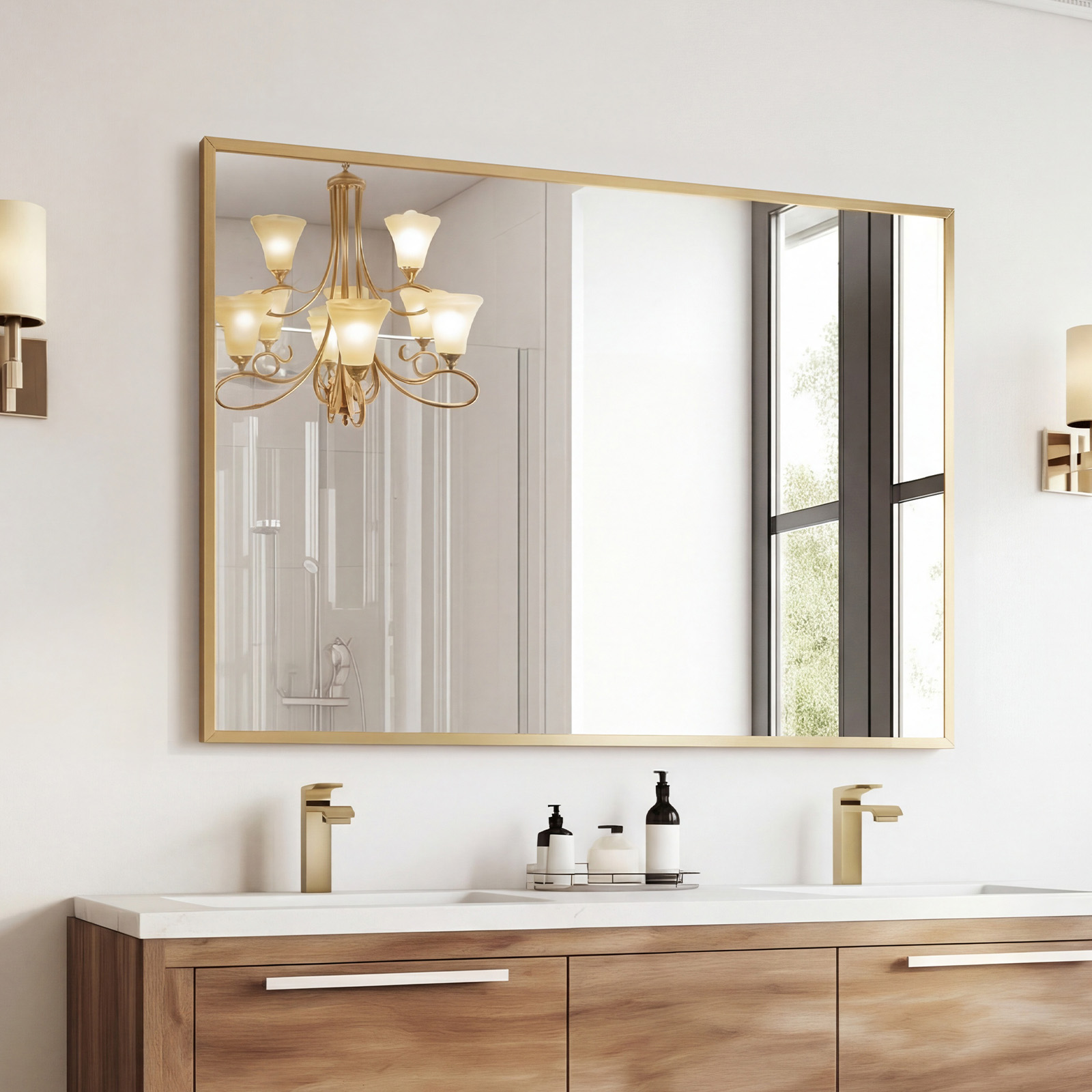 Above The Countertop, There Is A Rectangular Wall-mounted Bathroom Mirror With A Metal Frame And Made Of Tempered Glass. image 13