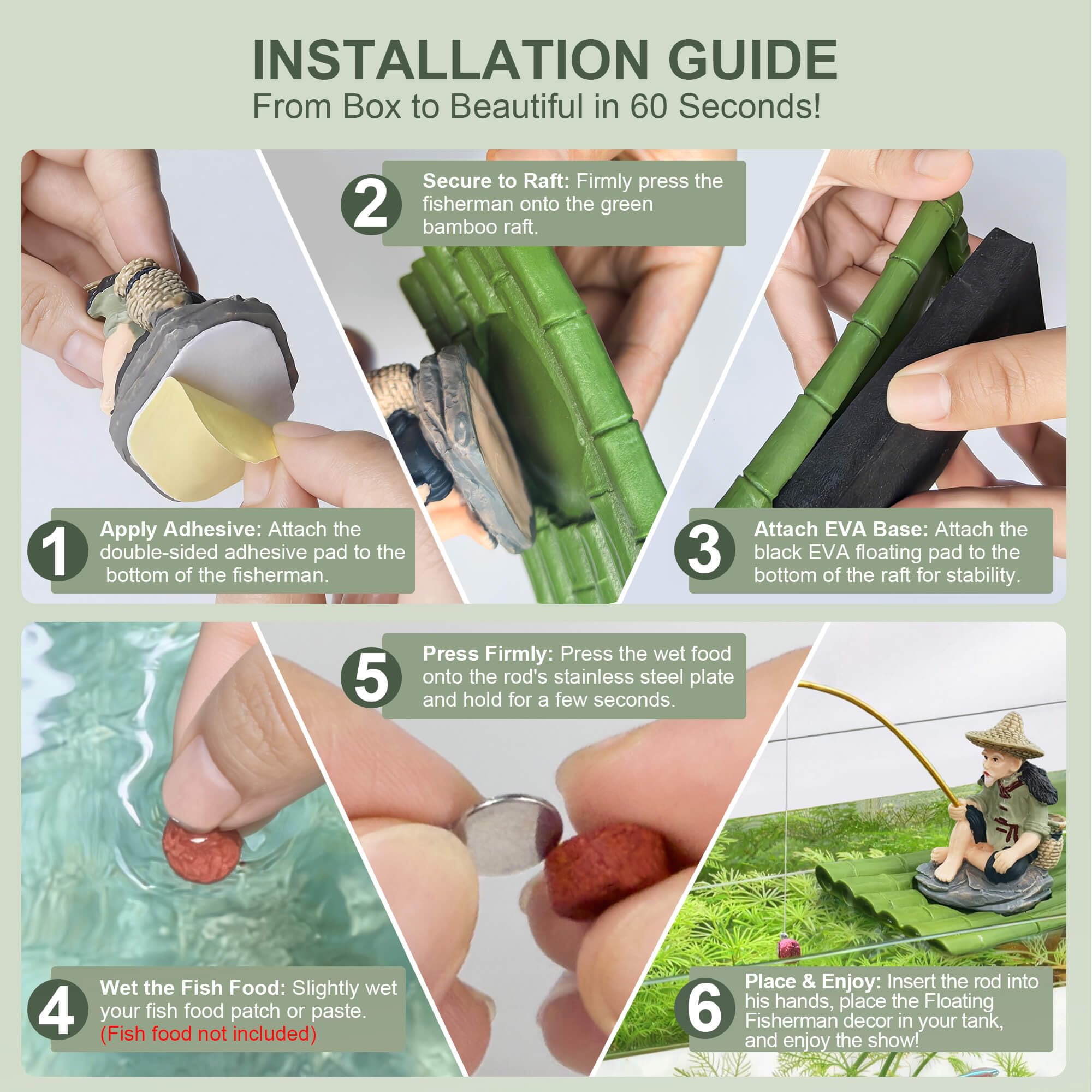 2-in-1 Floating Aquarium Decor, Interactive Floating Fish Tank Fisherman Decorations On PVC Bamboo Raft With Stable EVA Pad Buoyancy For Guppy, Small Schooling Species, Paludarium And Zen Pond — foto 9