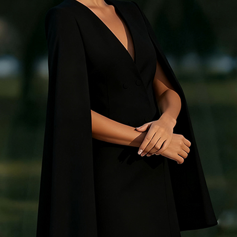 Elegant Commute Solid Color Blazer Dress With Shawl Cape