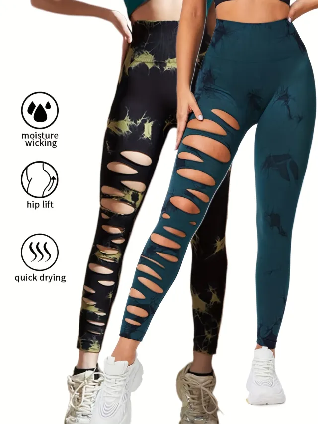 2 Pack Hollow Sexy High Elastic Women's Tie Dye Cutout Tights High Waist Workout Yoga Leggings, Scrunch Butt Lifting Elastic Pants, Tummy Control B... 2Pack15 - Shop at LoveMi