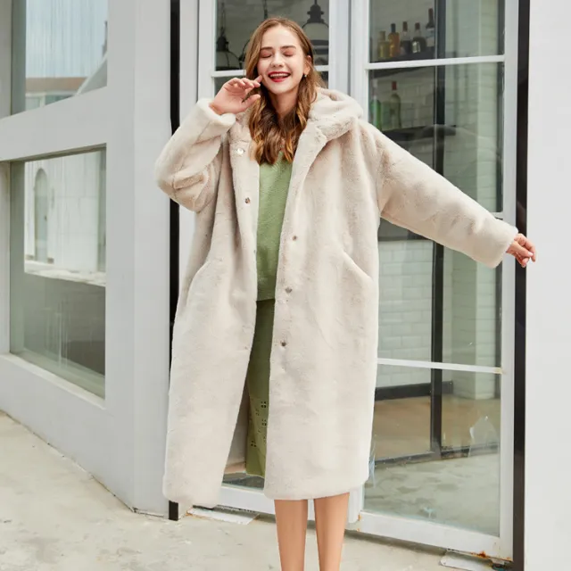 Mink Fleece Long Hooded Rabbit like Plush Coat Apricot - Shop at LoveMi