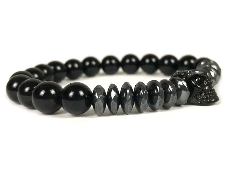 Natural Color-preserving Black Gallstone Stainless Steel Skull Northskull Bracelet