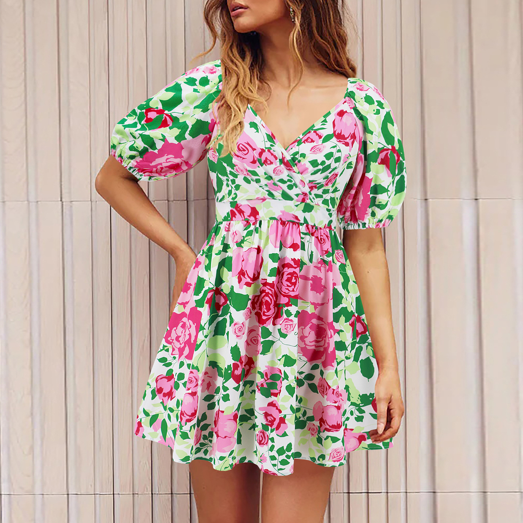Flowers Print V-Neck Lantern-sleeve Dress Y2K Summer Vacation Beach Short Dresse - Picture 9 of 10