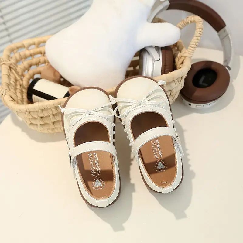 2026 Spring & Autumn New Fashion Mary Jane Shoes For Girls, Cute Pearl Bow Princess Shoes, Shallow Mouth Flats For Toddlers