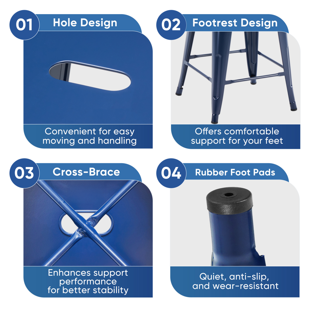 24 Inches Metal Bar Stools Set Of 4, Backless Counter Height Bar Stools For Kitchen, Outdoor Stackable Stools --No Assembly Required