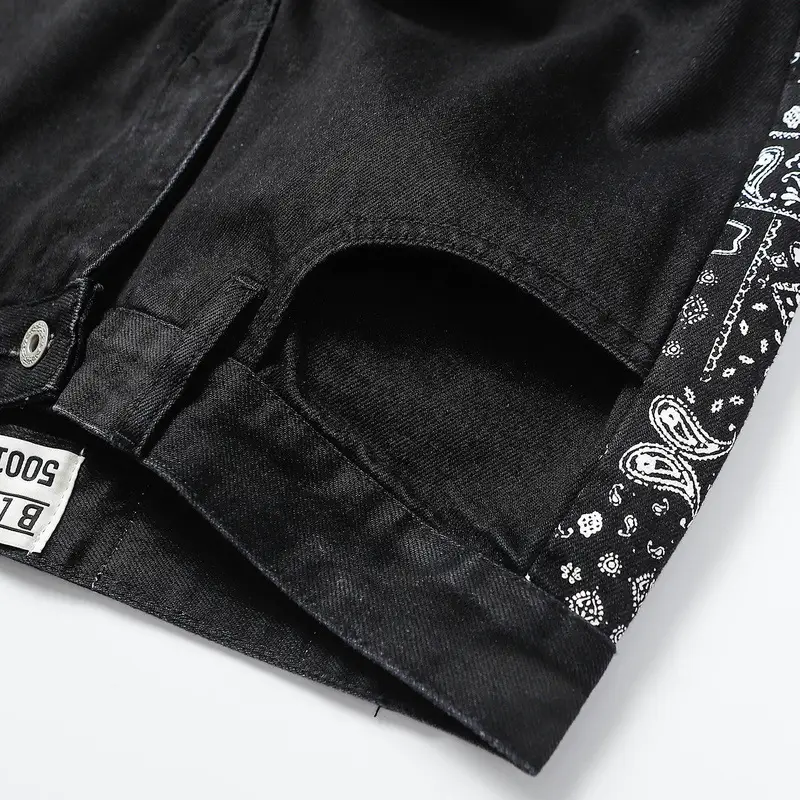 Vintage Street Hip Hop Distressed Cashew Flower Splice Jeans