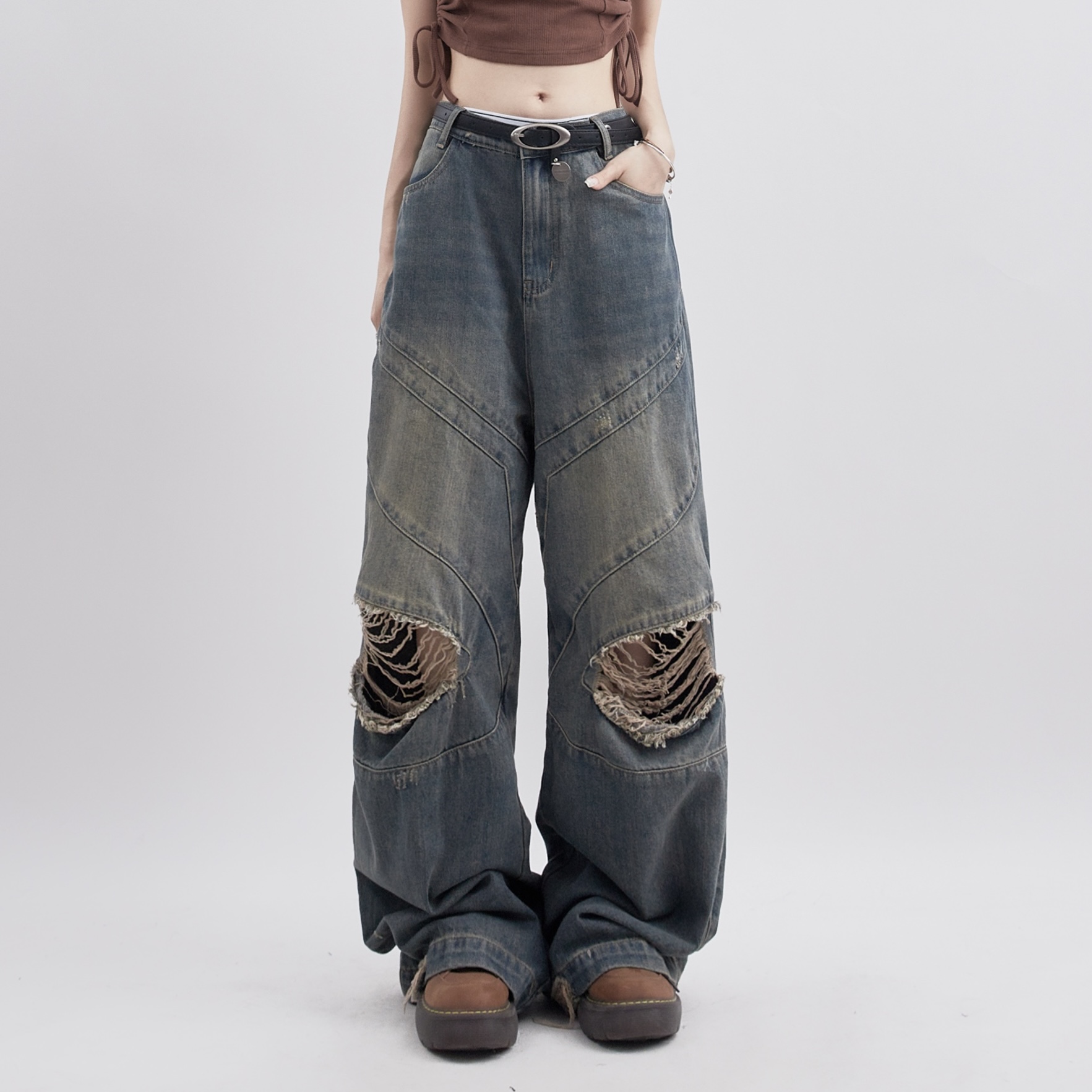 Women's Fashion Retro Characteristic Ripped Distressed Loose Casual Straight Trousers Blue - Shop at LoveMi