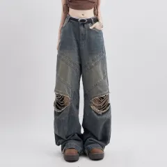 Women's Fashion Retro Characteristic Ripped Distressed Loose Casual Straight Trousers - Blue - View 1