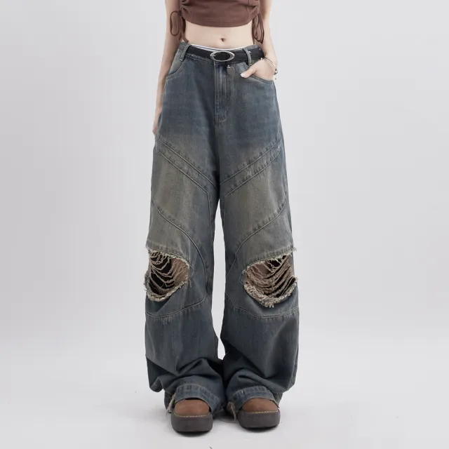 Women's Fashion Retro Characteristic Ripped Distressed Loose Casual Straight Trousers Blue - Shop at LoveMi