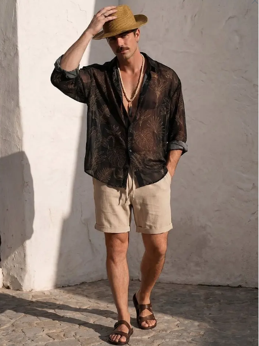 Dark Botanical Print Sheer Oversized Shirt