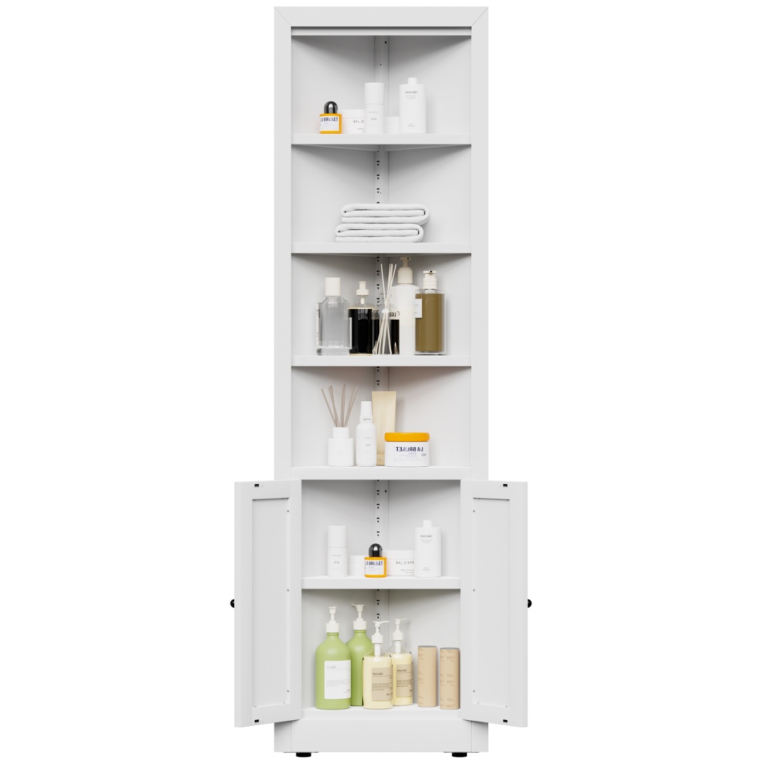 71in Tall Corner Storage Cabinet With 2 Doors, 5-Tier Metal Cabinet With Adjustable Shelves, Freestanding Kitchen Storage For Pantry, Living Room, Bathroom, Laundry Room, Space Saving Furniture, White