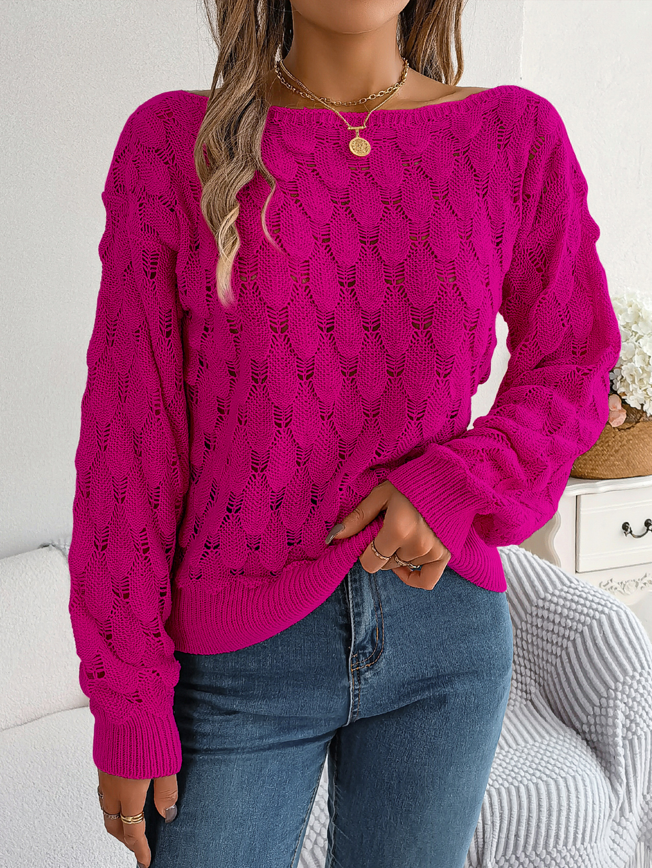 Women Casual Feather Hollow Out Off-Shoulder Lantern Sleeve Sweater
