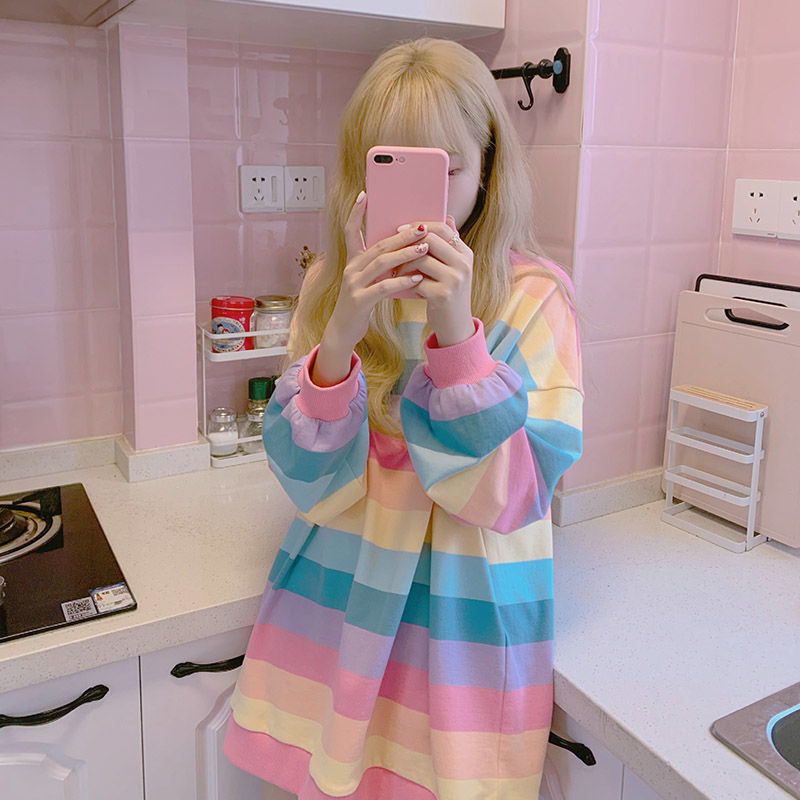 Title 3, Rainbow Striped Long Sleeve Loose Thin Top