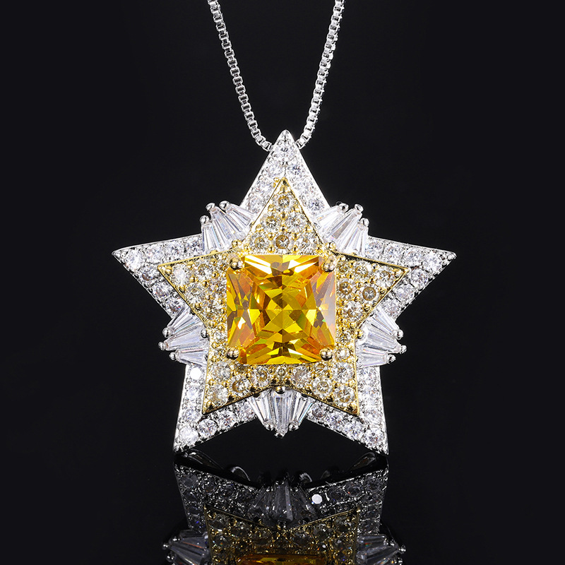 Light Luxury Star Pendant Necklace For Women, Square Cut Honey Yellow Tone Simulated Zirconia Full Pave Rhinestone Thin Snake Chain Clavicle Chain Elegant Business Party Accessories — view 3