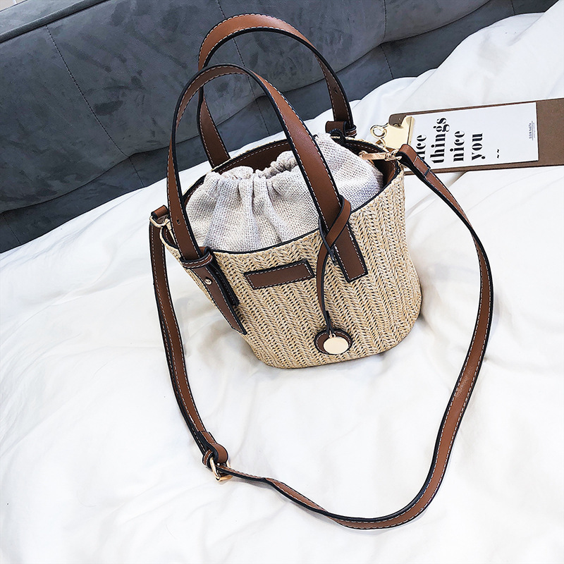 Bucket Bag Fashion Shoulder Bag Trend Contrast Color Bag Summer Western Style Grass Woven Handbag Brown - Shop at LoveMi
