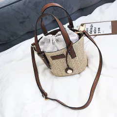 Bucket Bag Fashion Shoulder Bag Trend Contrast Color Bag Summer Western Style Grass Woven Handbag - Brown - View 1