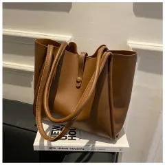Casual Large Capacity Tote Bags For Women Fashion Solid Color Shopping Shoulder Bag With Wallet Ladies Handbag - Brown - View 1