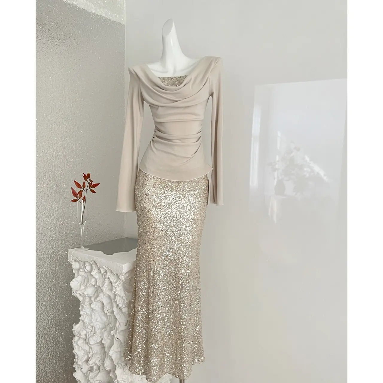 Women's Champagne Gold Sequin Two-Piece Evening Gown