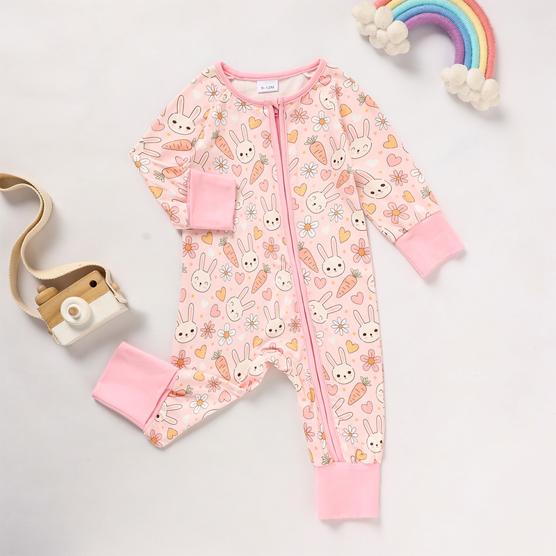 Baby Girl's Cute Bunny Romper, Rabbit Carrot Print Zip-Up Long Sleeve Onesie For Holiday And Outdoor Wear
