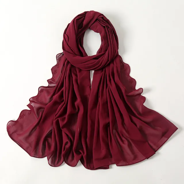 Women's Pearl Chiffon Lace Embroidered Headband Fashion Silk Scarf 5Wine Red - Shop at LoveMi