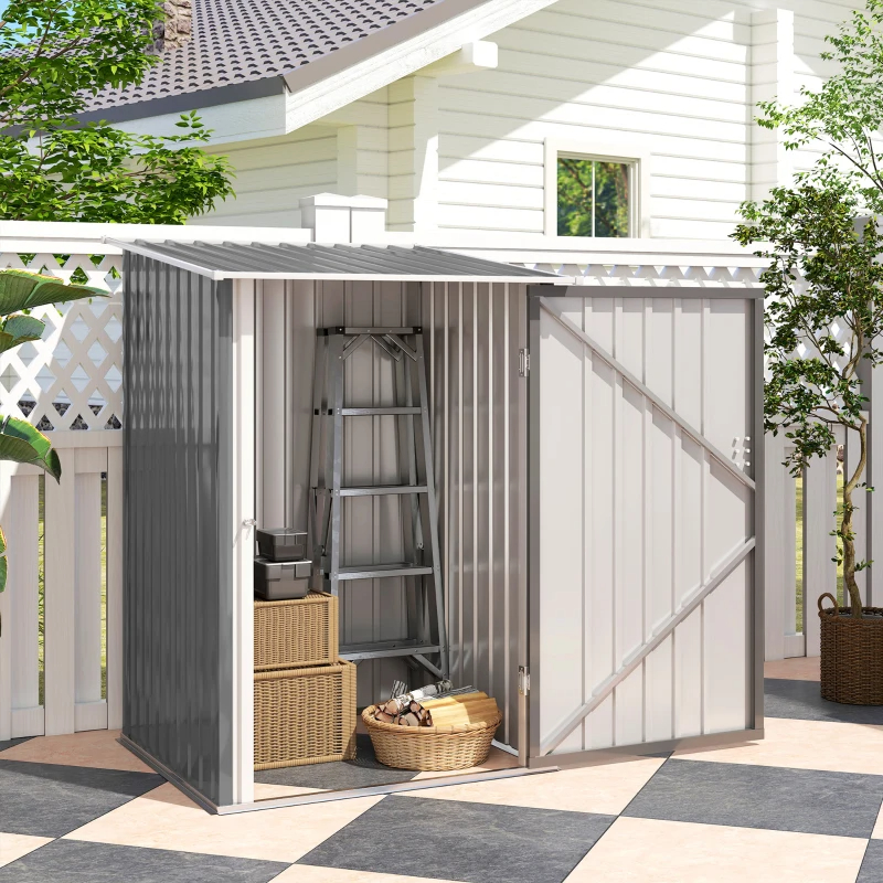 Lean-to Garden Storage Shed, Galvanized Steel Tool House With Lockable Door For Patio, Gray