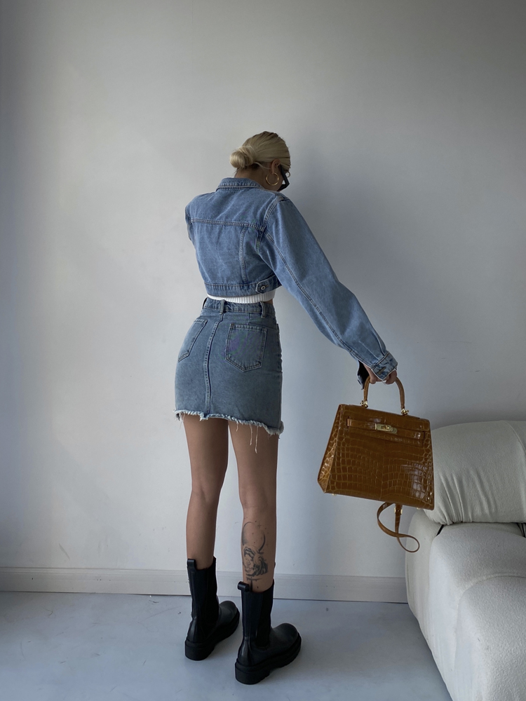 Women's Short Denim Jacket High Waist Slim Skirt Two Piece Suit - Image 4