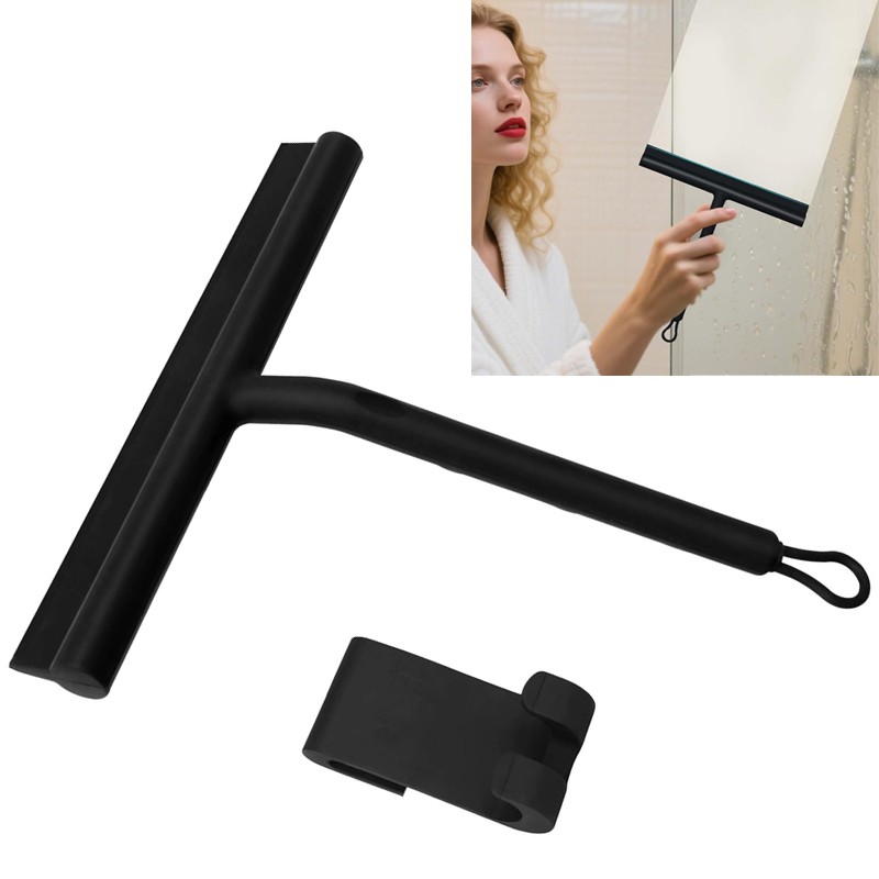 Silicone Shower Squeegee With Hook 8 Inch Window Glass Scraper Black Bathroom