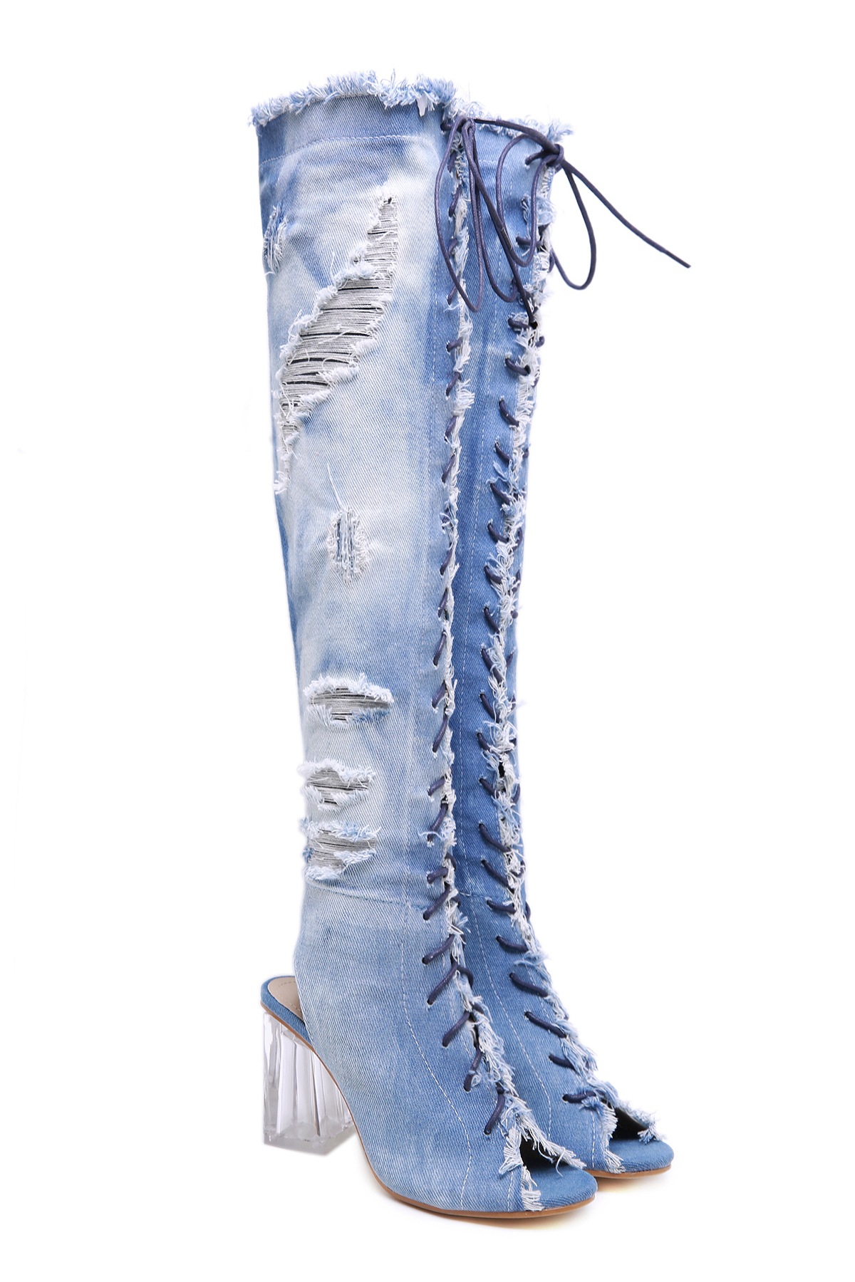 Title 6, Crystal Block Heel Denim Fish Mouth Strap Roman...