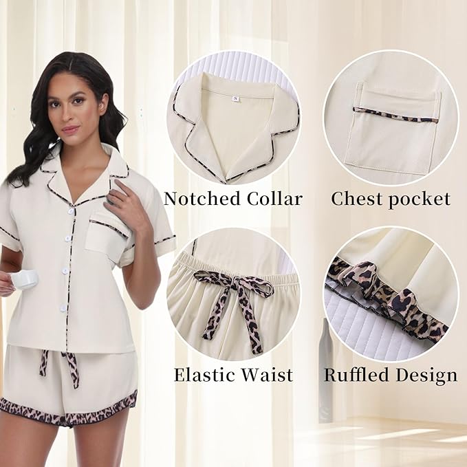 Rongtai Summer Pajamas For Women Set Short Sleeve Button Down - Brown-XL — image 10