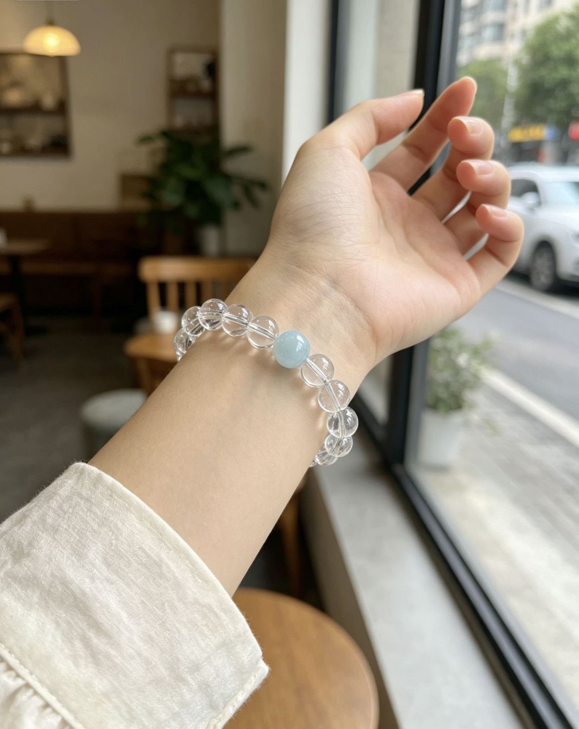 White Phantom Aquamarine Beaded Bracelet