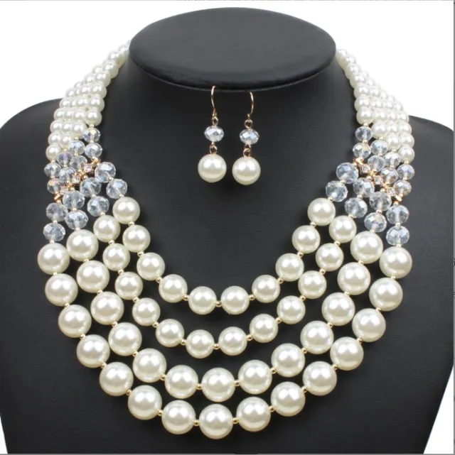 Europe necklace crystal pearl Long Necklace Earrings female bride jewelry set accessories - Shop at LoveMi