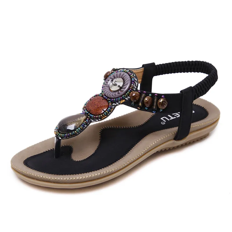 Ethnic Style Sandals Women Thailand Travel Beach Bohemian Retro Beaded Large Size Flat Shoes - Black