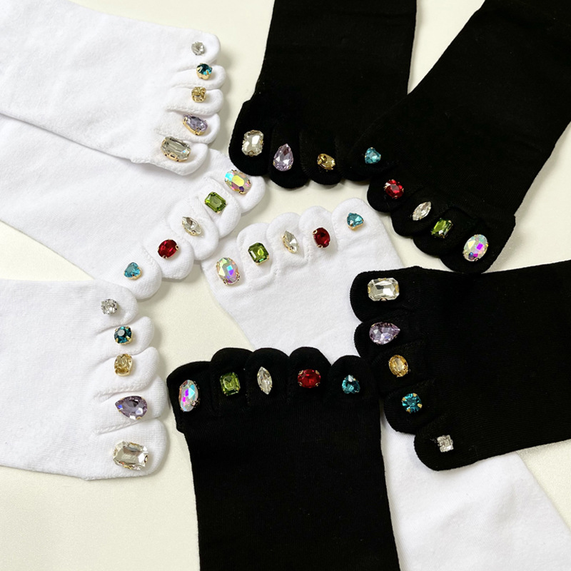 Five Finger Socks With Diamonds Summer Thin Crystal Mid Tube Split Toed Socks